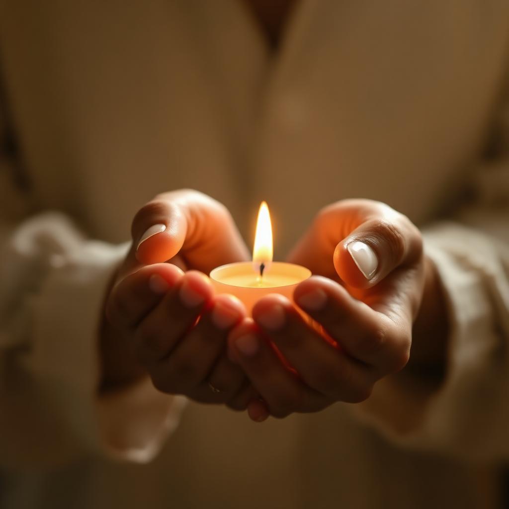 Hands cupping a small lit candle — symbol of hope